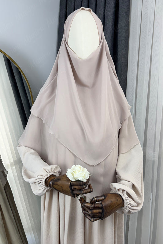 Krem Ayrobin Elbise Bej Sufle Tesettür Hijab Takımı