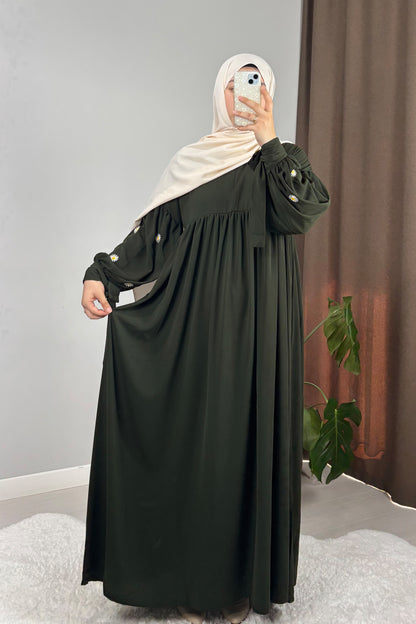 Asel Papatya Nakışlı Yeşil Tesettür Hijab Elbise
