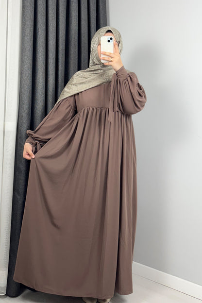 Alya Kol Bağlamalı Koyu Vizon Tesettür Hijab Elbise
