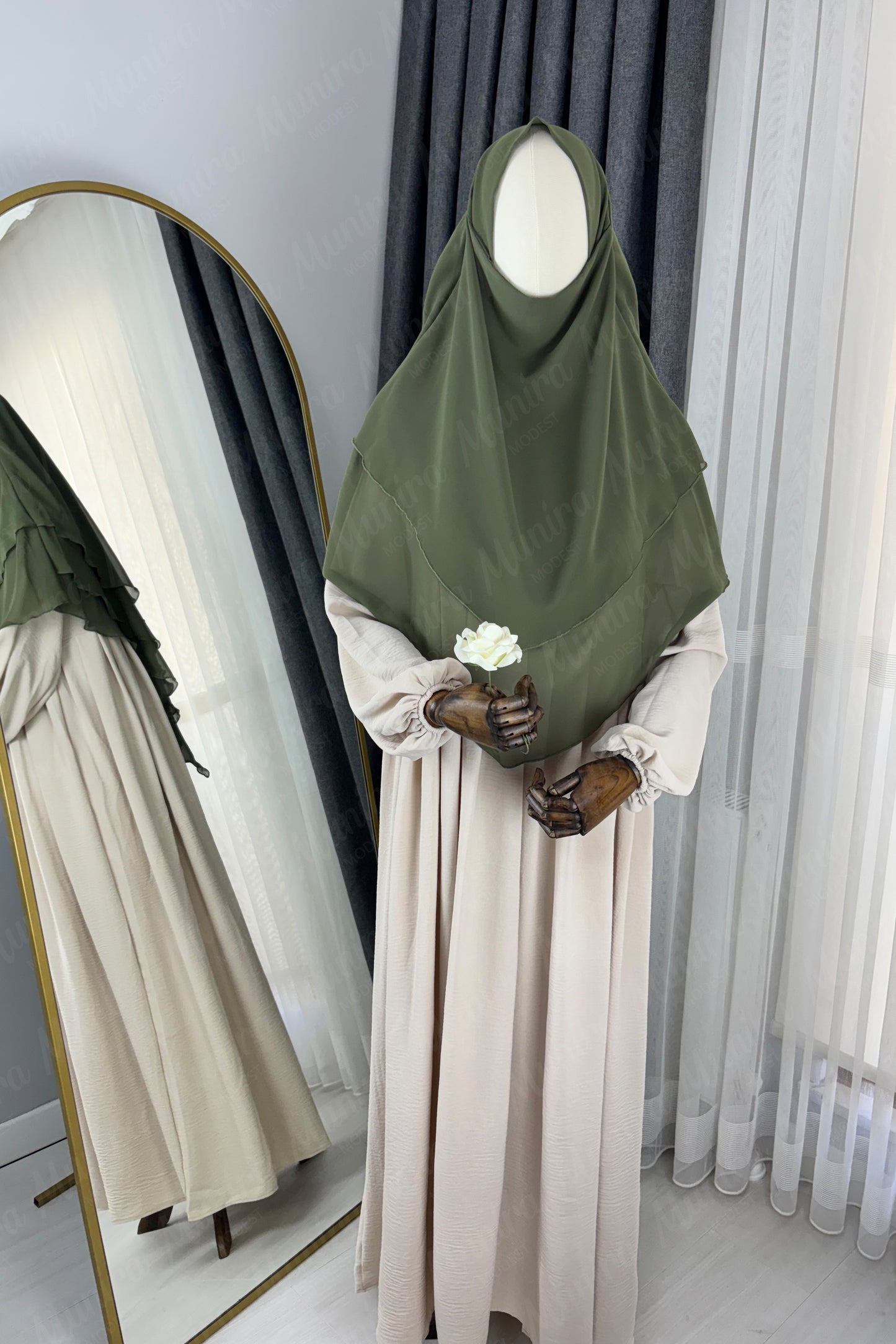 Krem Ayrobin Elbise Haki Yeşil Sufle Tesettür Hijab Takımı