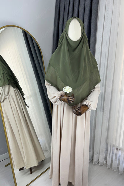 Krem Ayrobin Elbise Haki Yeşil Sufle Tesettür Hijab Takımı