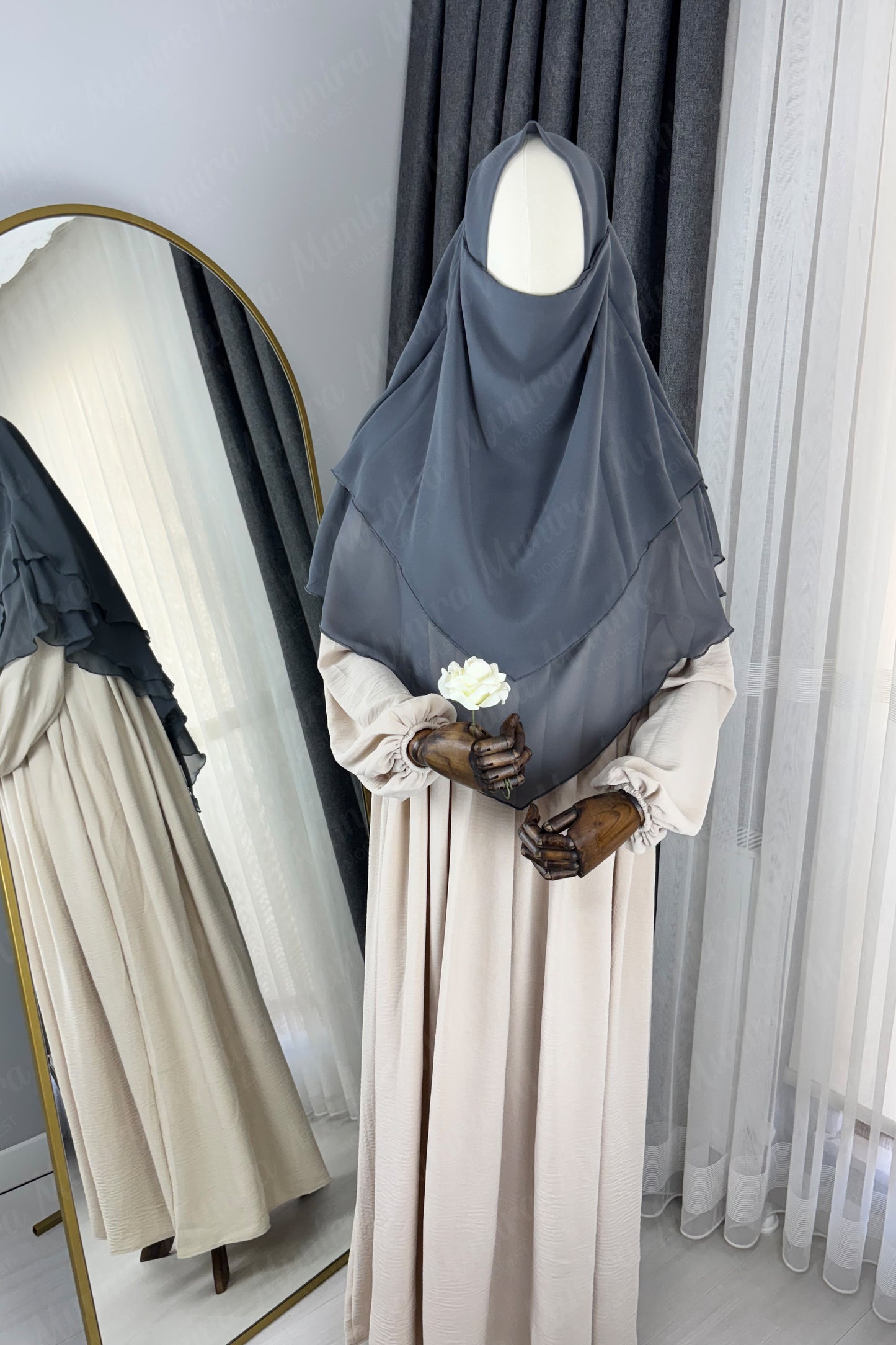Krem Ayrobin Elbise Füme Sufle Tesettür Hijab Takımı