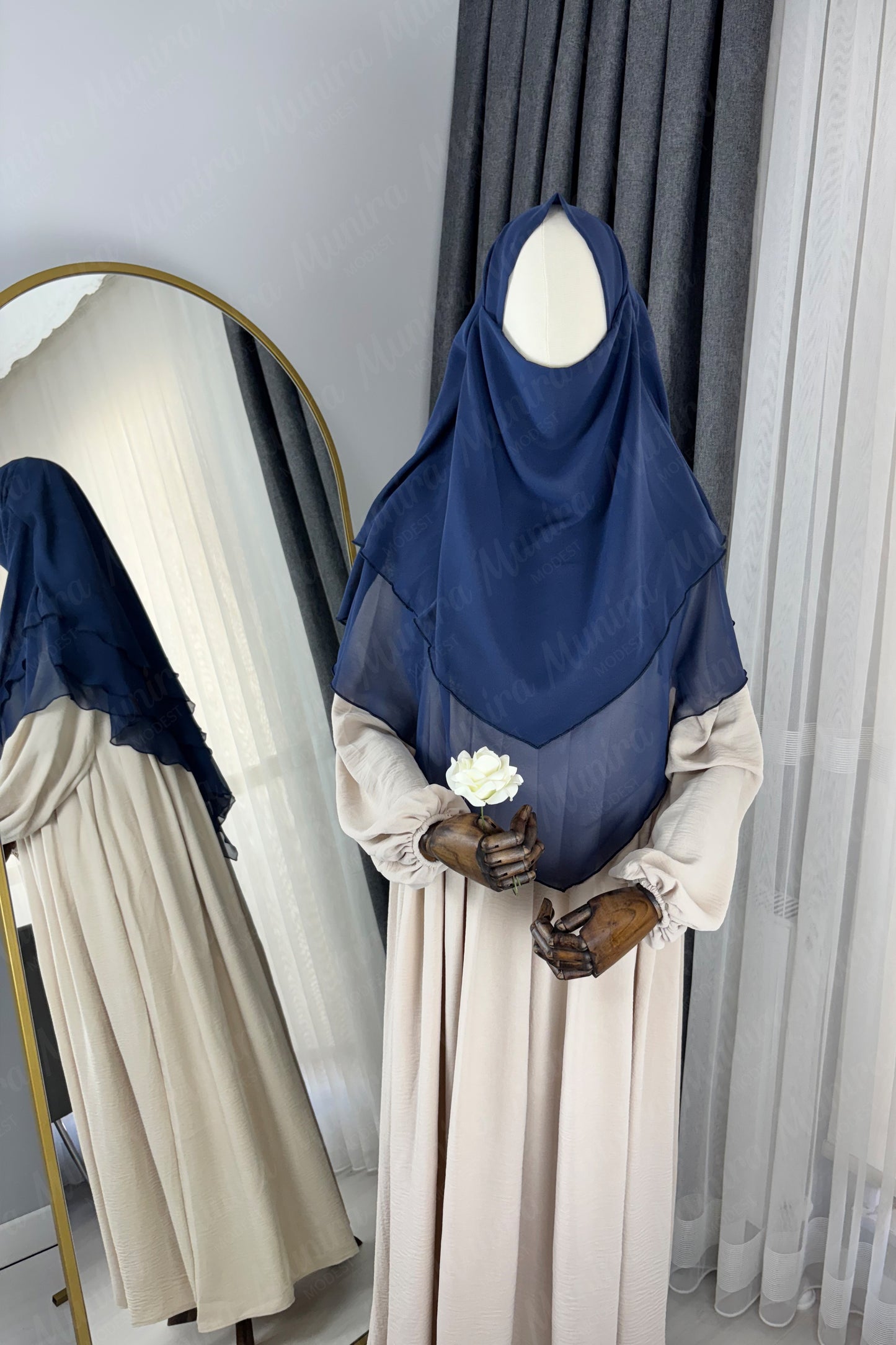 Krem Ayrobin Elbise Lacivert Sufle Tesettür Hijab Takımı