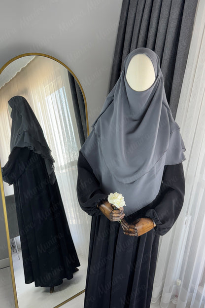 Siyah Ayrobin Elbise Füme Sufle Tesettür Hijab Takımı