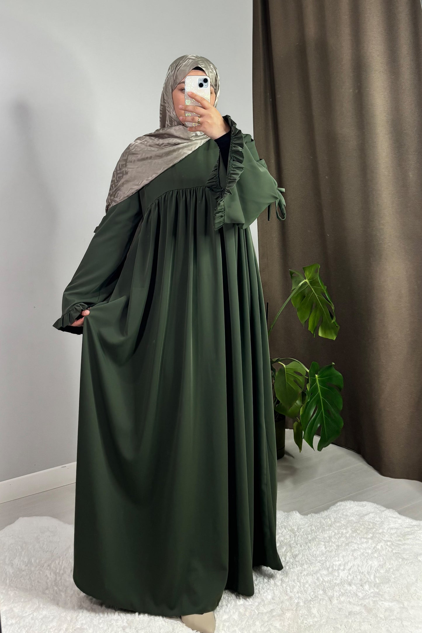 Neva Fırfırlı Haki Yeşil Tesettür Hijab Elbise