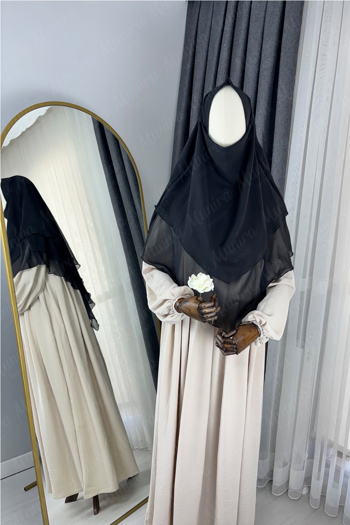 Krem Ayrobin Elbise Siyah Sufle Tesettür Hijab Takımı