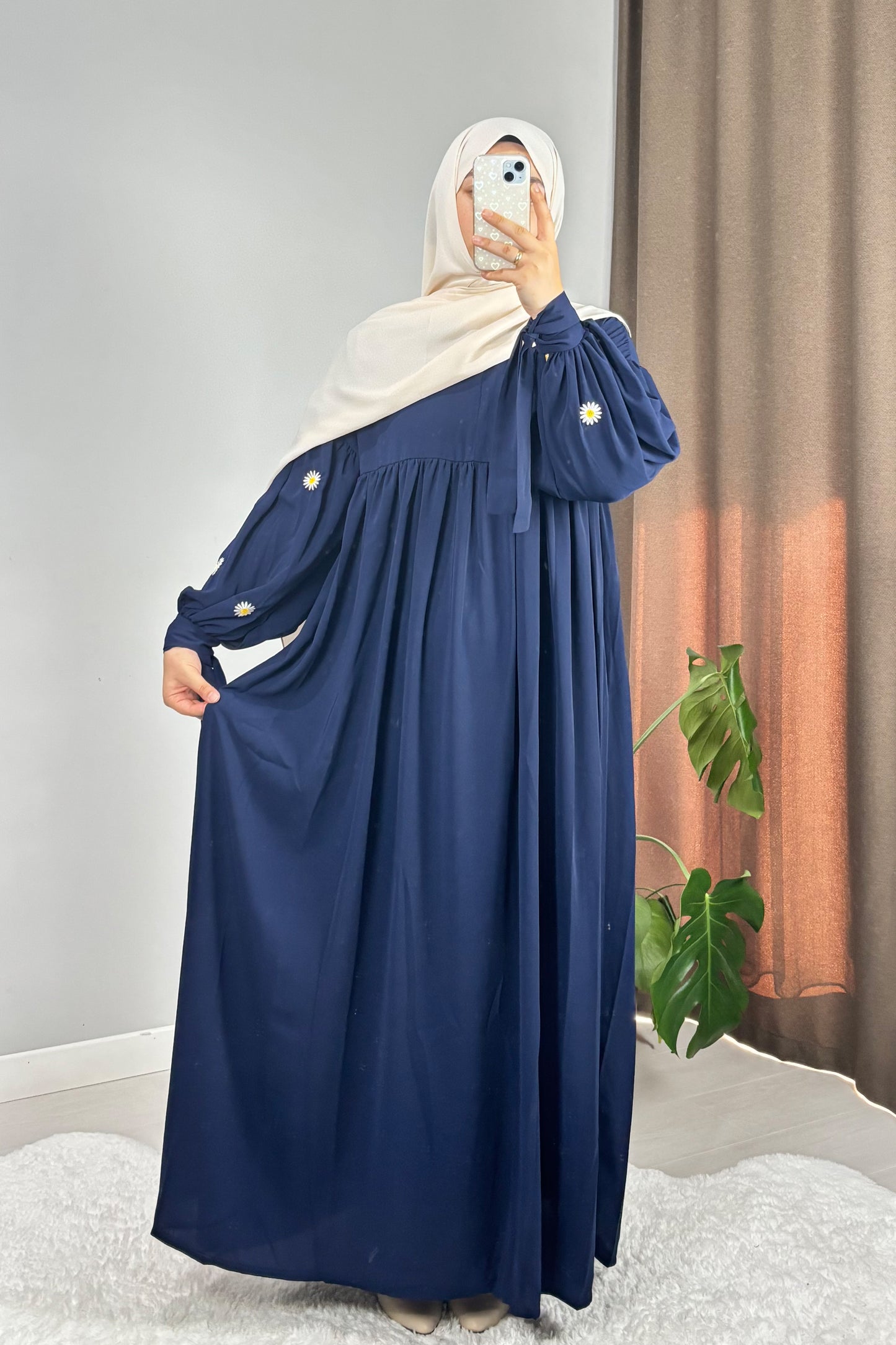 Asel Papatya Nakışlı Lacivert Tesettür Hijab Elbise