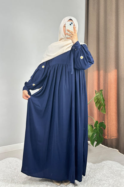 Asel Papatya Nakışlı Lacivert Tesettür Hijab Elbise