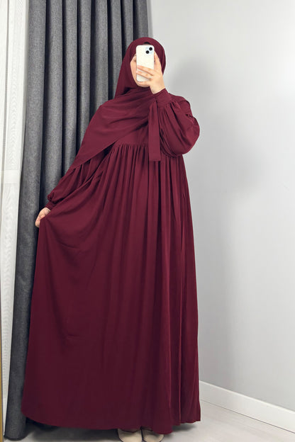 Alya Kol Bağlamalı Bordo Tesettür Hijab Elbise