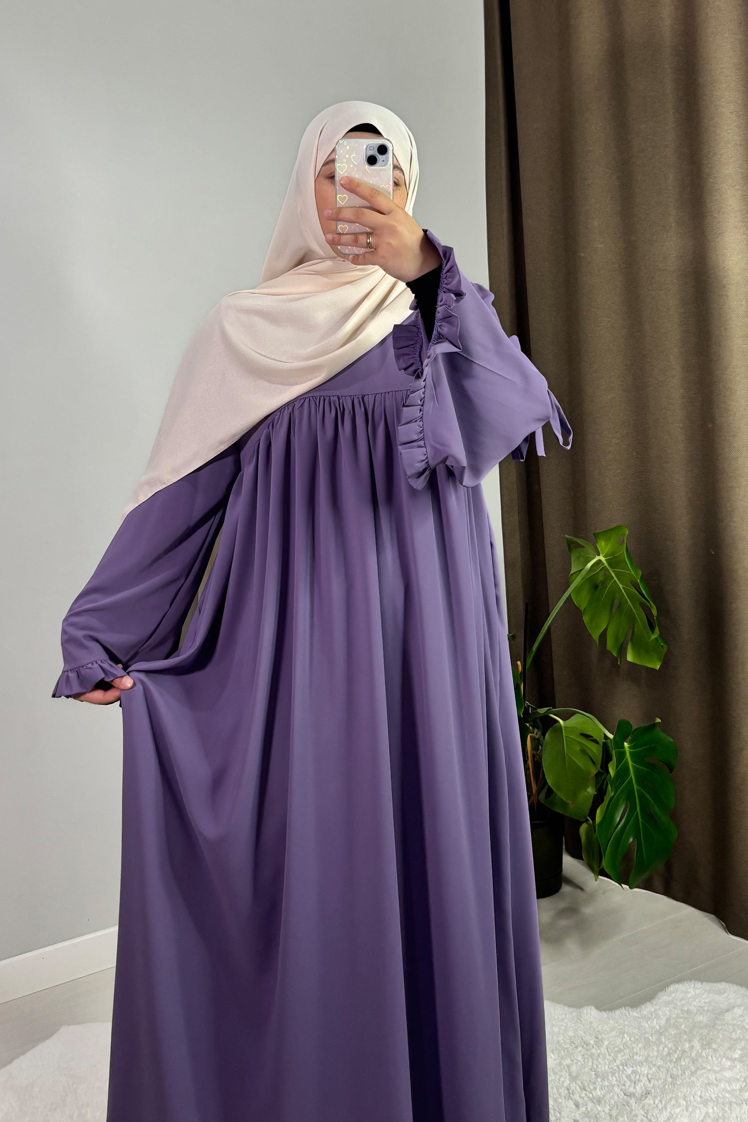 Neva Fırfırlı Lila Tesettür Hijab Elbise