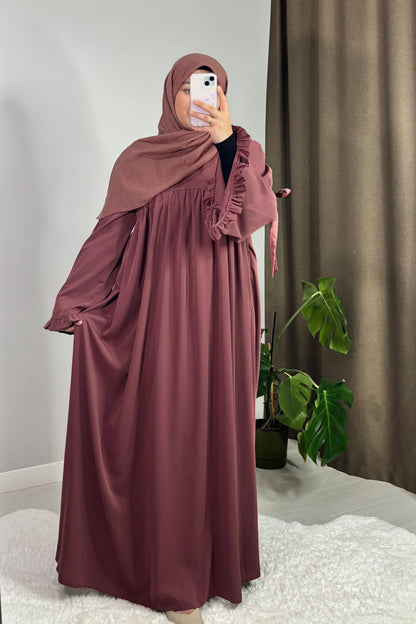 Neva Fırfırlı Gül Kurusu Tesettür Hijab Elbise