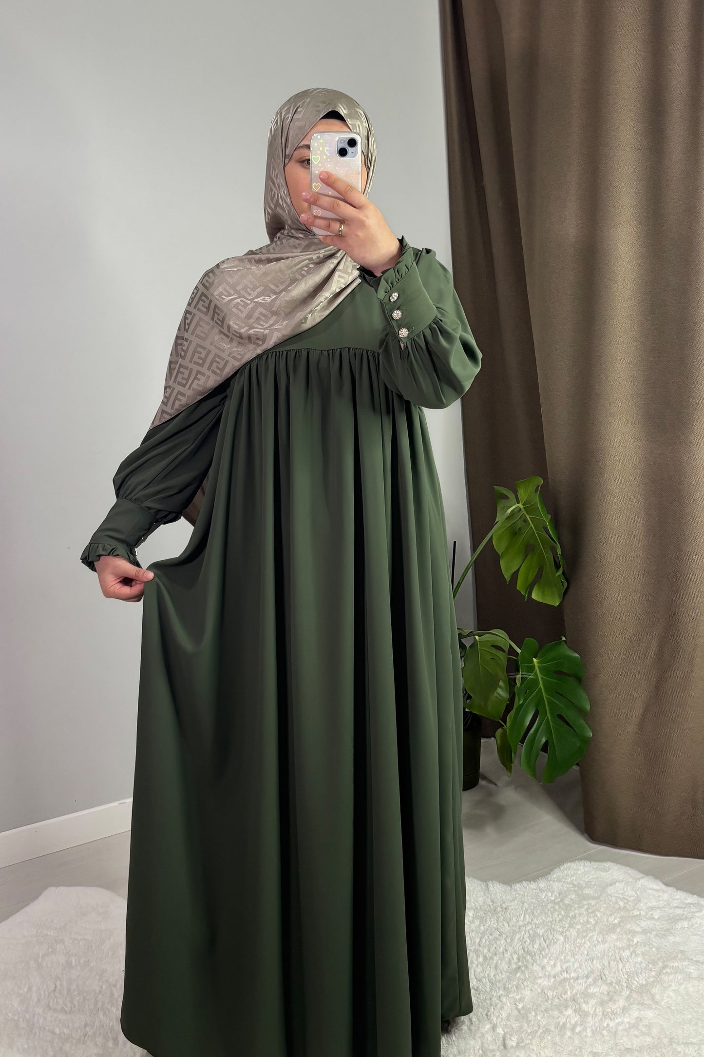 Mira Manşetli Haki Yeşil Tesettür Hijab Elbise