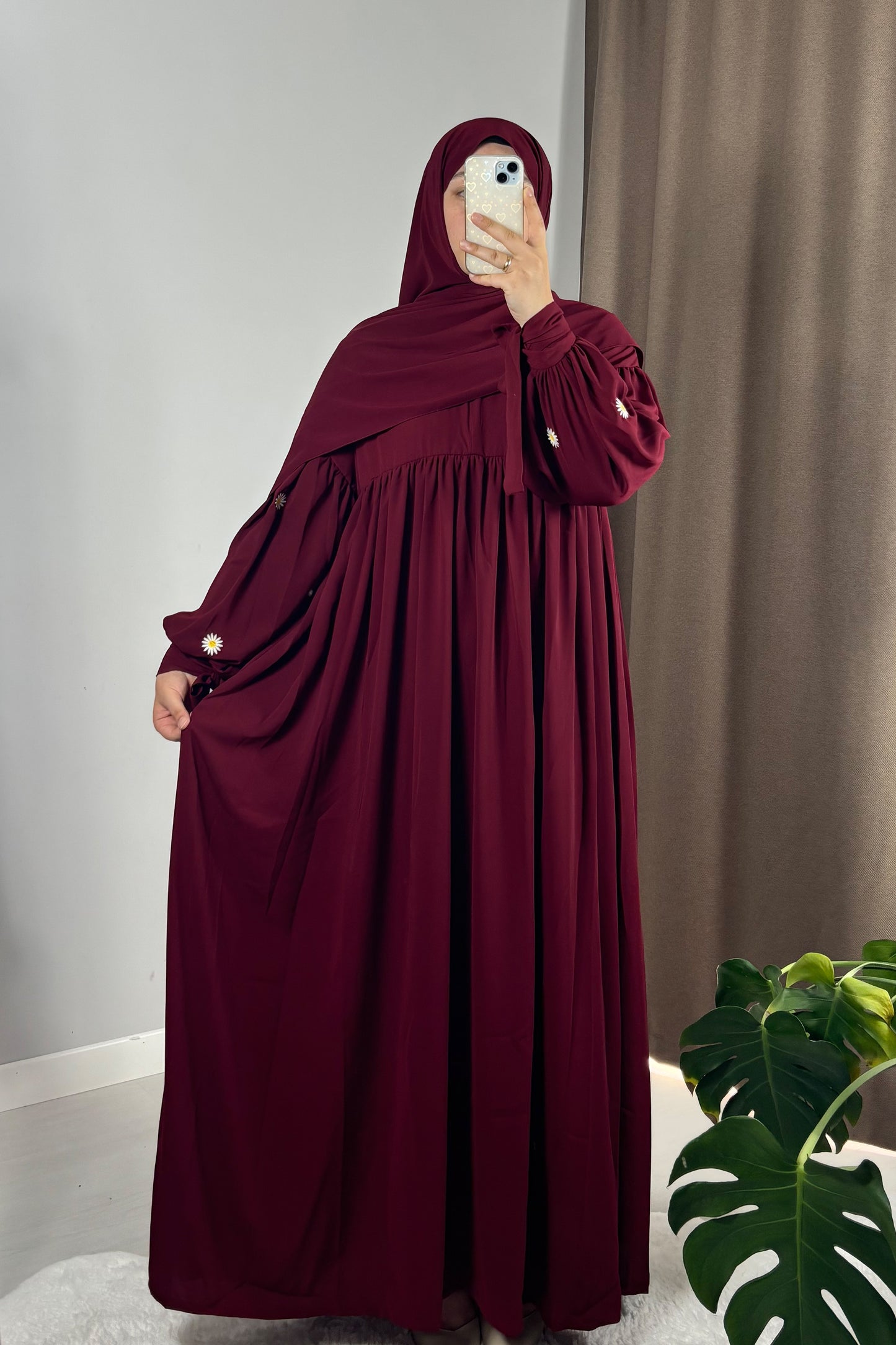 Asel Papatya Nakışlı Bordo Tesettür Hijab Elbise