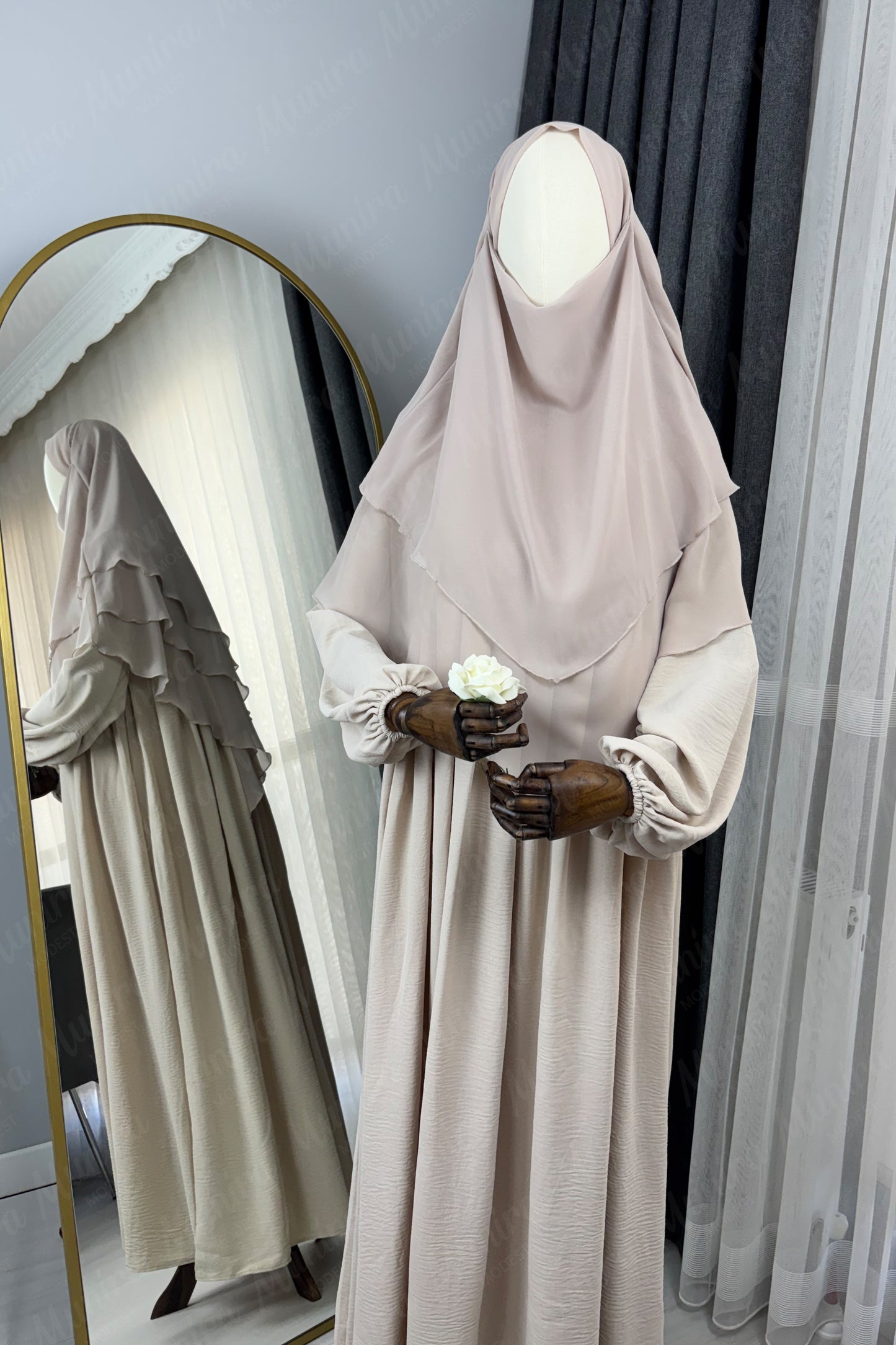 Krem Ayrobin Elbise Bej Sufle Tesettür Hijab Takımı
