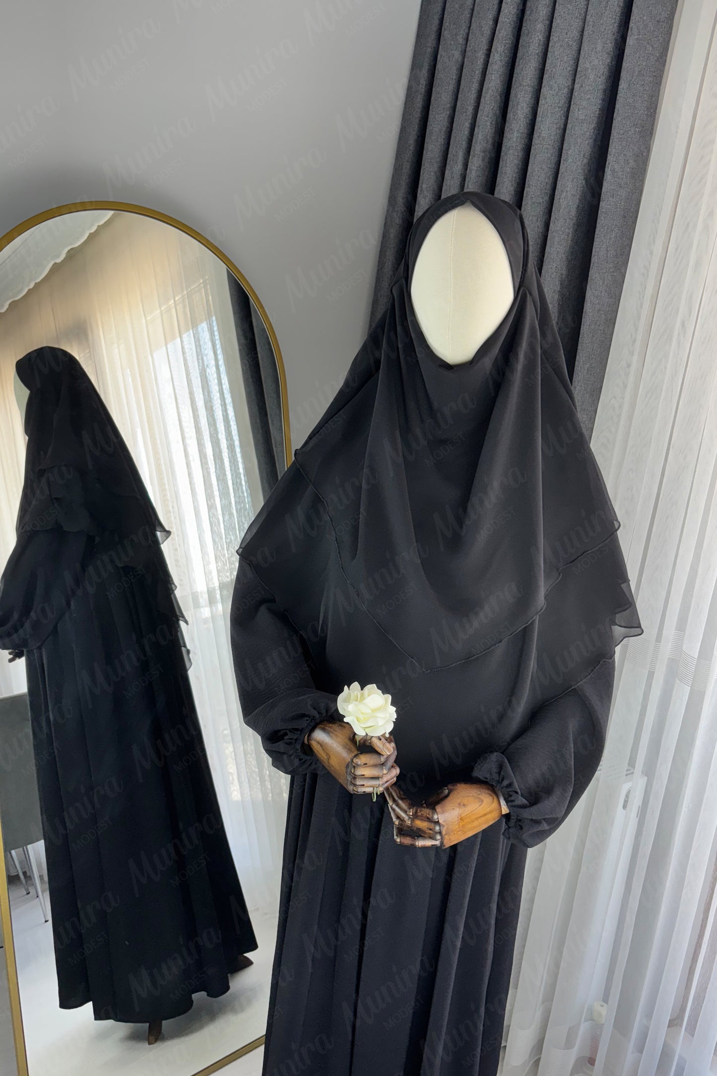 Siyah Ayrobin Elbise Siyah Sufle Tesettür Hijab Takımı