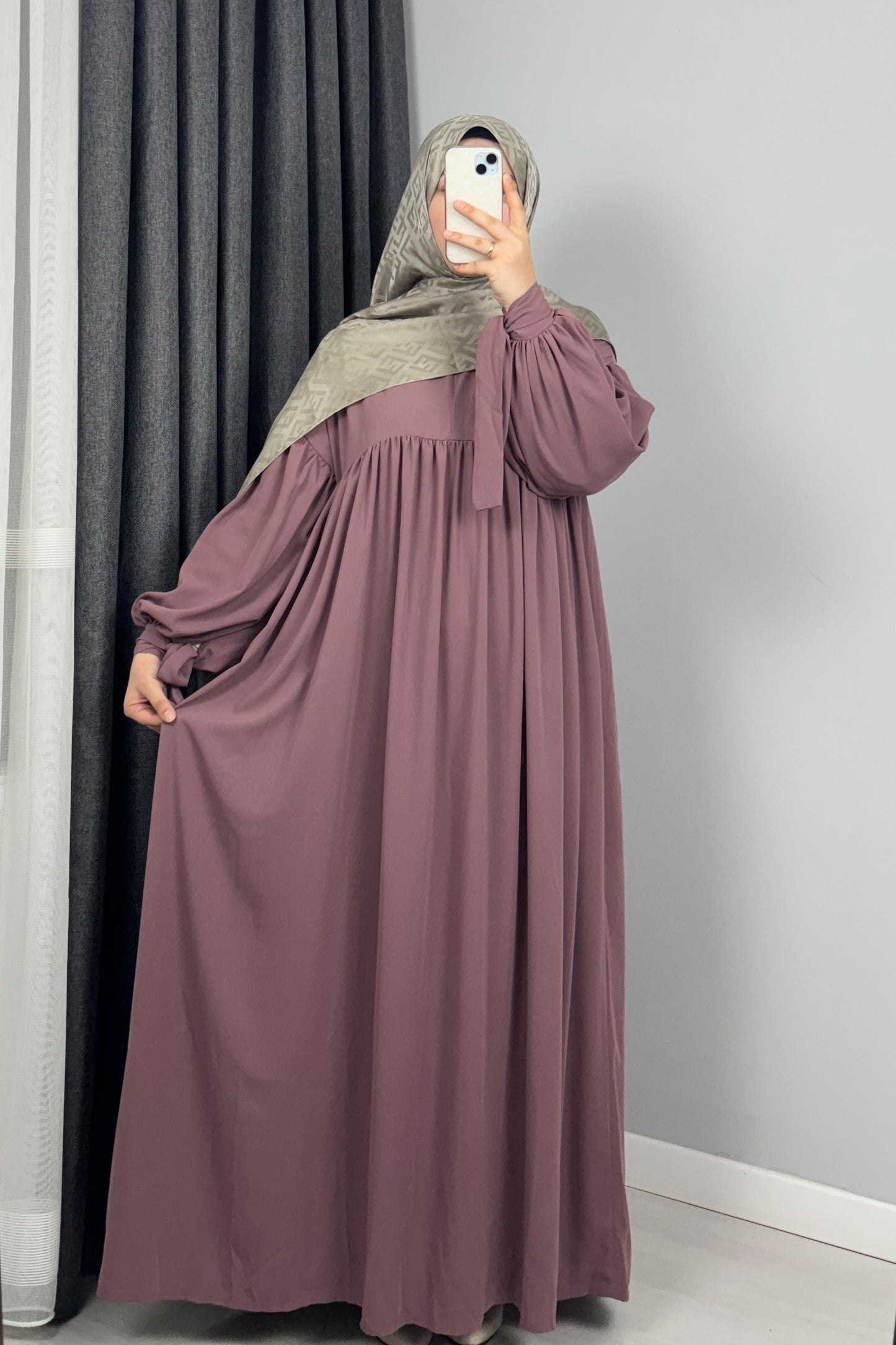 Alya Kol Bağlamalı Gül Kurusu Tesettür Hijab Elbise