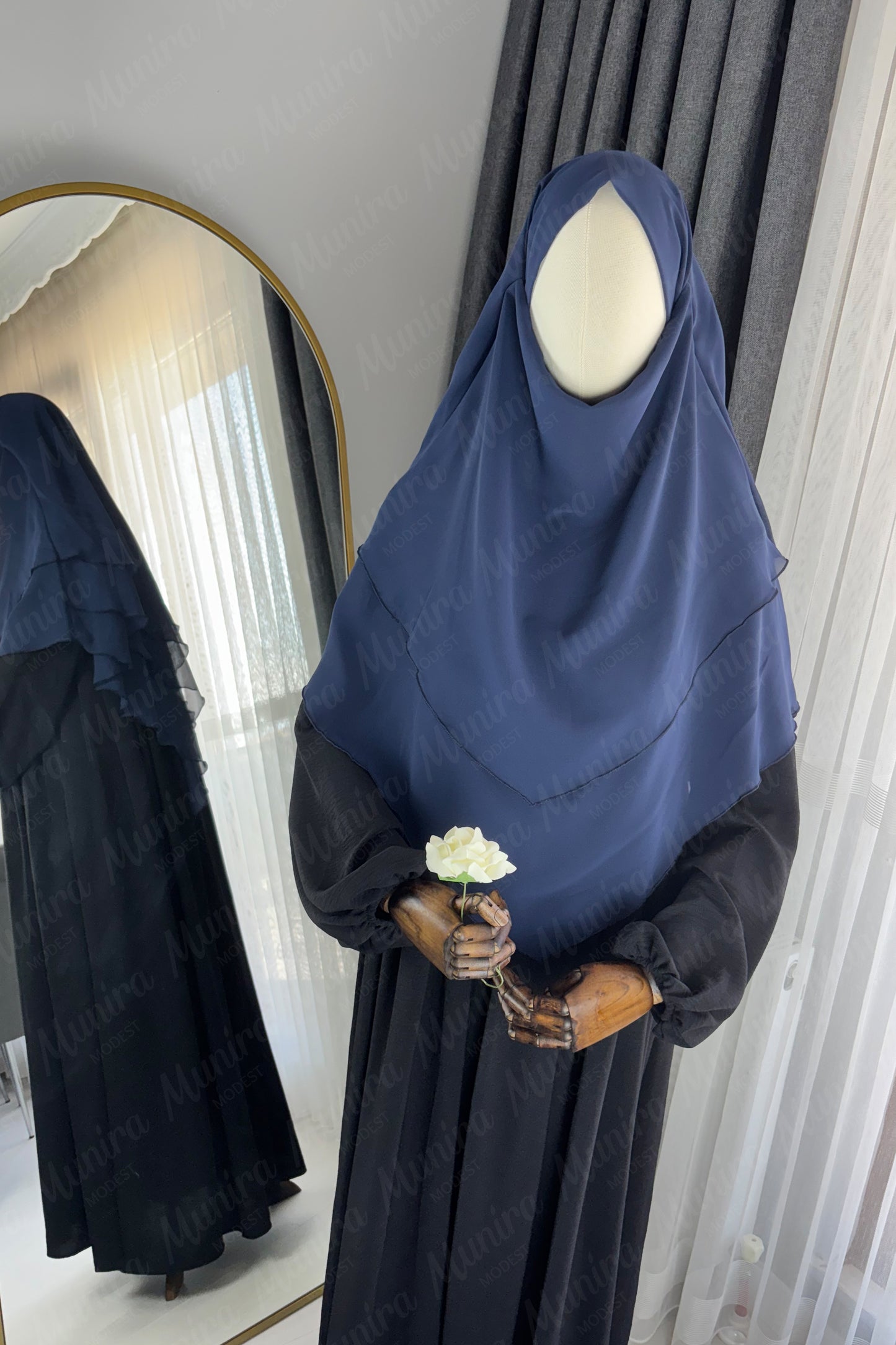 Siyah Ayrobin Elbise Lacivert Sufle Tesettür Hijab Takımı