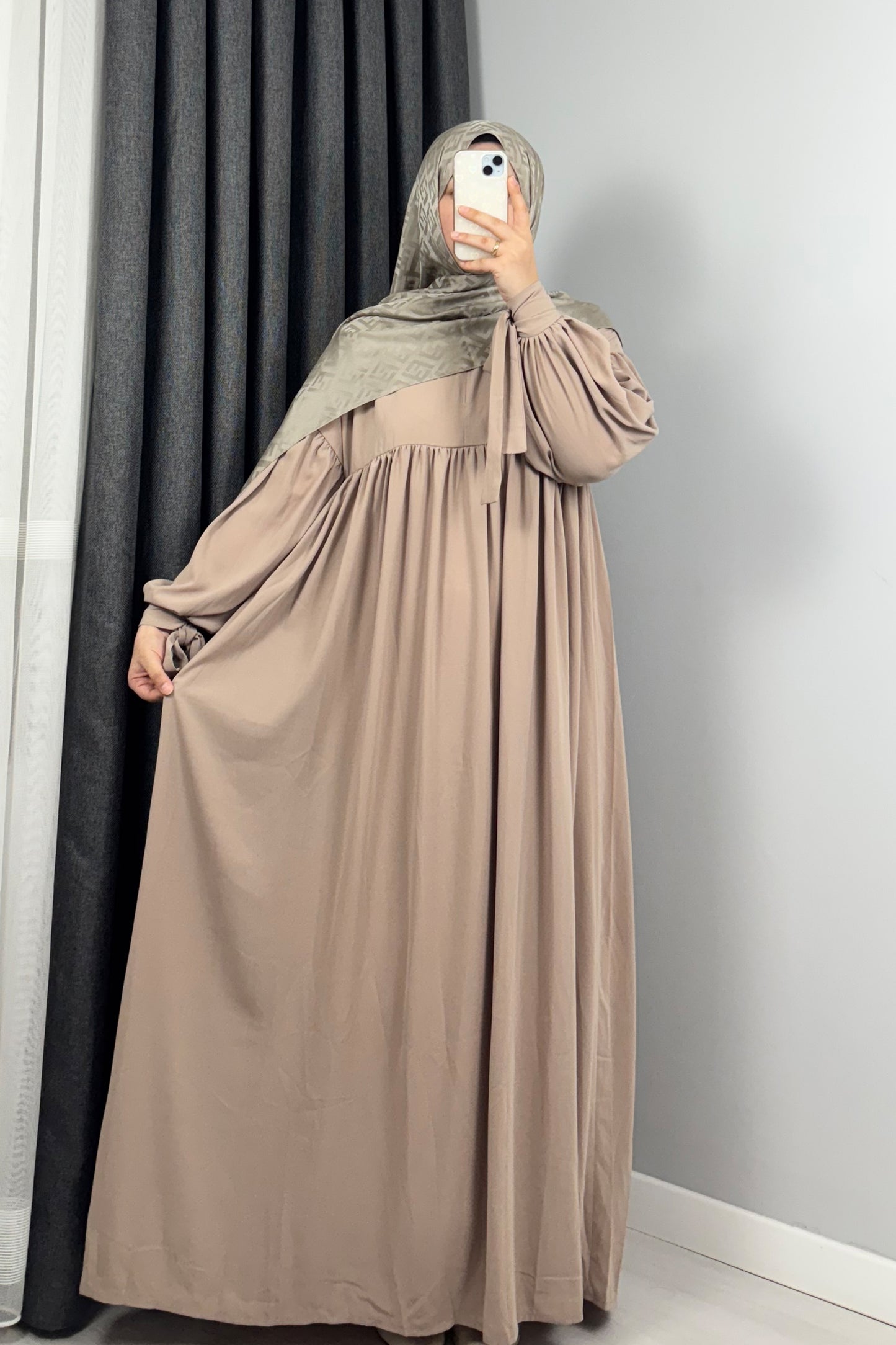 Alya Kol Bağlamalı Krem Tesettür Hijab Elbise