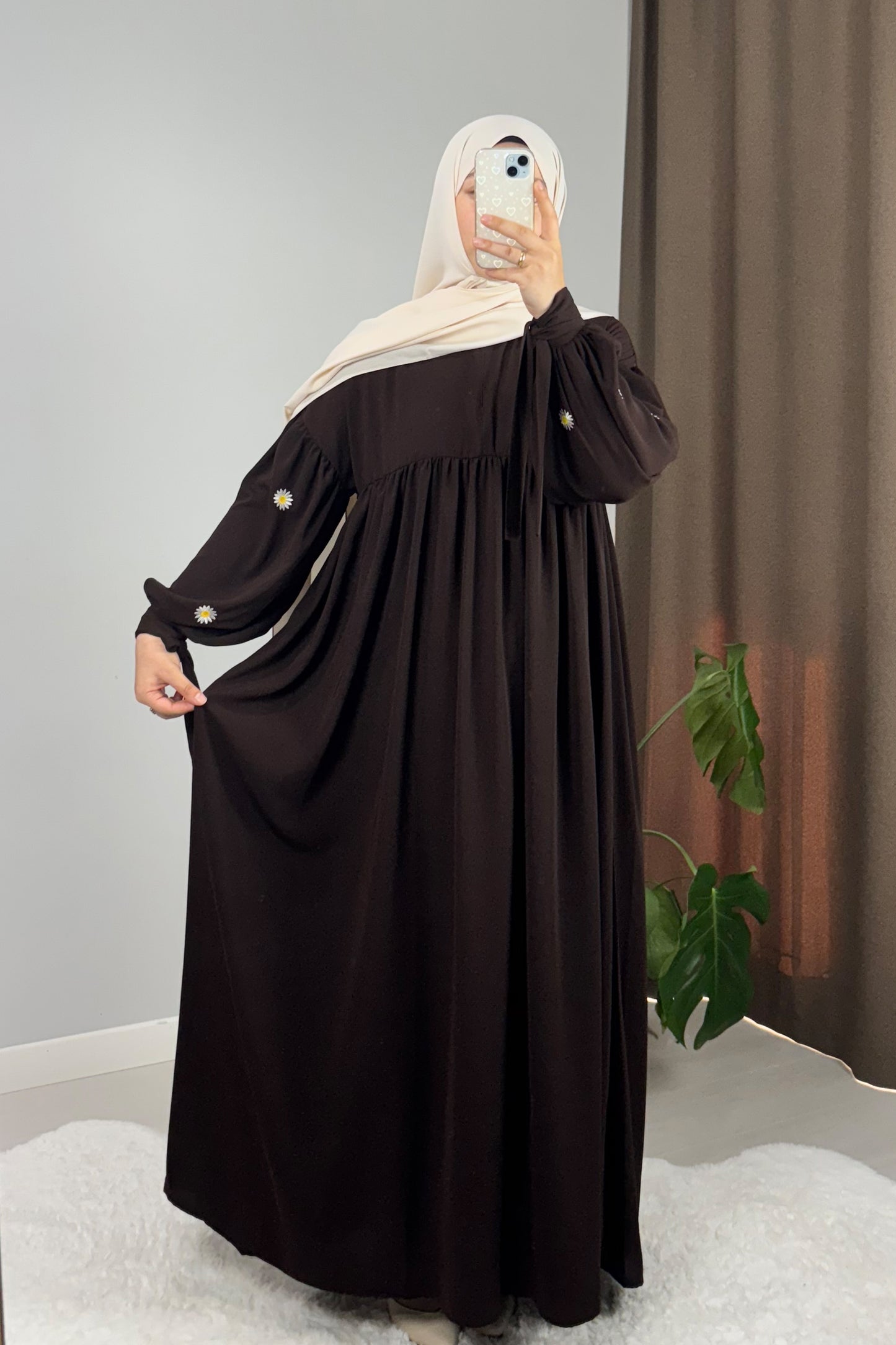 Asel Papatya Nakışlı Acı Kahve Tesettür Hijab Elbise