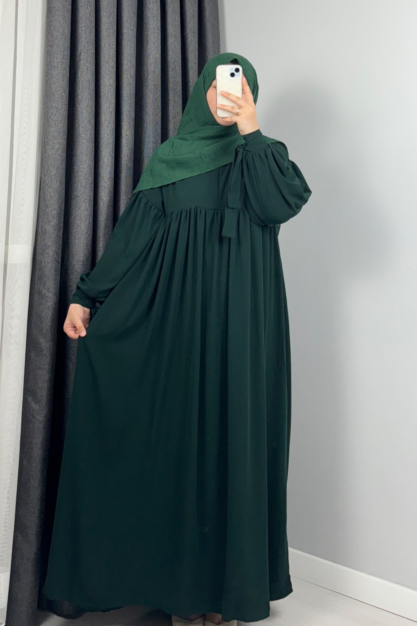 Alya Kol Bağlamalı Zümrüt Yeşil Tesettür Hijab Elbise
