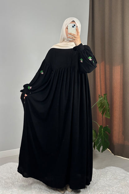 Asel Çiçek Nakışlı Siyah Tesettür Hijab Elbise