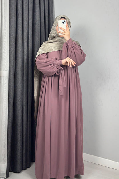 Alya Kol Bağlamalı Gül Kurusu Tesettür Hijab Elbise