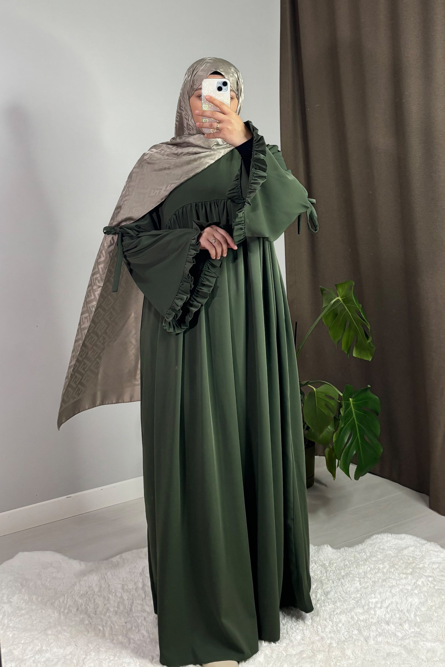 Neva Fırfırlı Haki Yeşil Tesettür Hijab Elbise