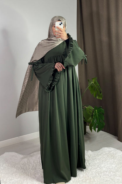 Neva Fırfırlı Haki Yeşil Tesettür Hijab Elbise