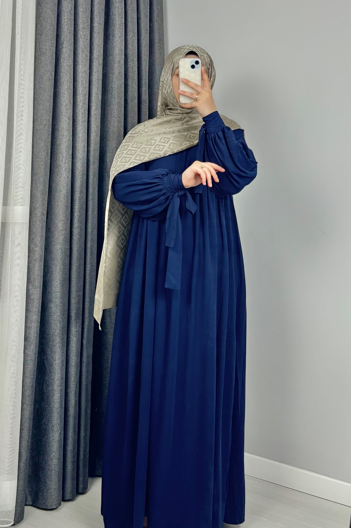 Alya Kol Bağlamalı Lacivert Tesettür Hijab Elbise