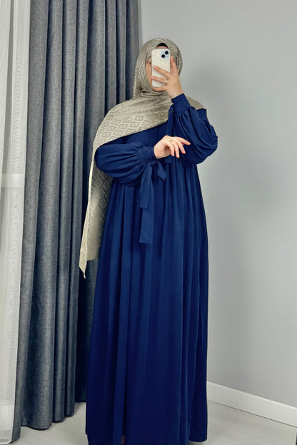 Alya Kol Bağlamalı Lacivert Tesettür Hijab Elbise