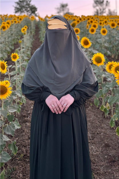 Alya Kol Bağlamalı Haki Elbise Haki Sufle Tesettür Hijab Takımı