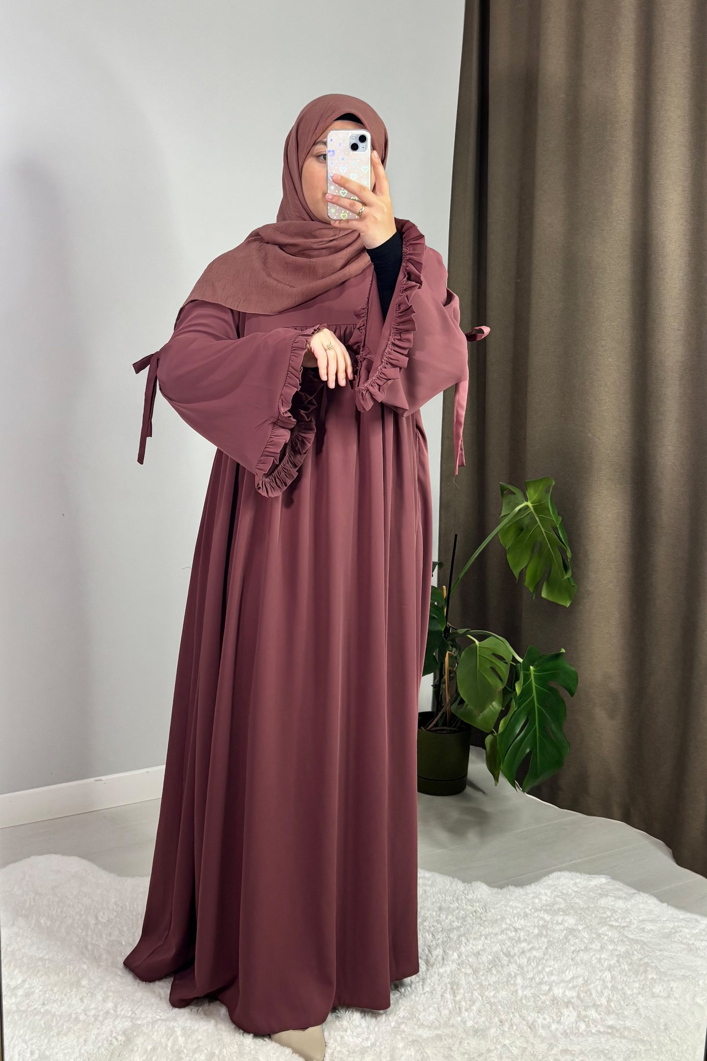 Neva Fırfırlı Gül Kurusu Tesettür Hijab Elbise