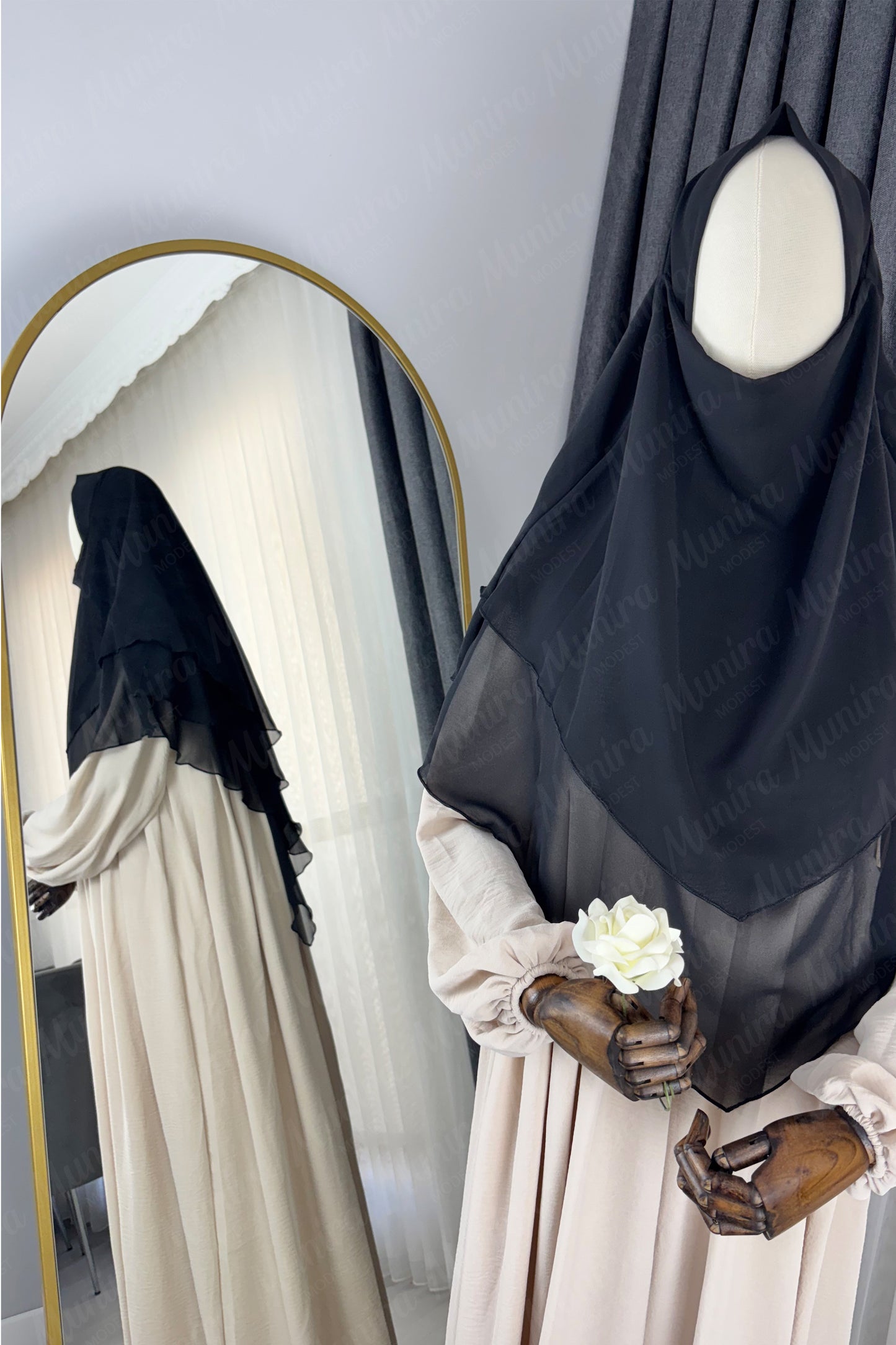 Krem Ayrobin Elbise Siyah Sufle Tesettür Hijab Takımı
