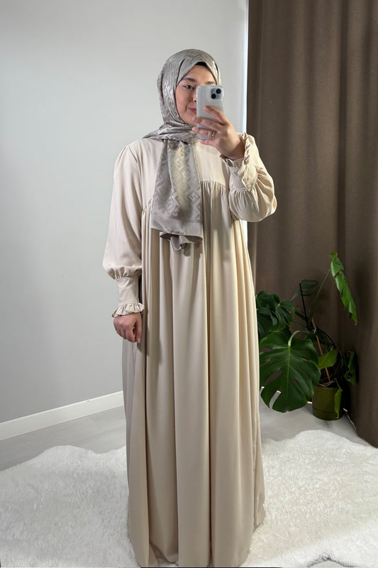 Mira Manşetli Krem Renk Tesettür Hijab Elbise