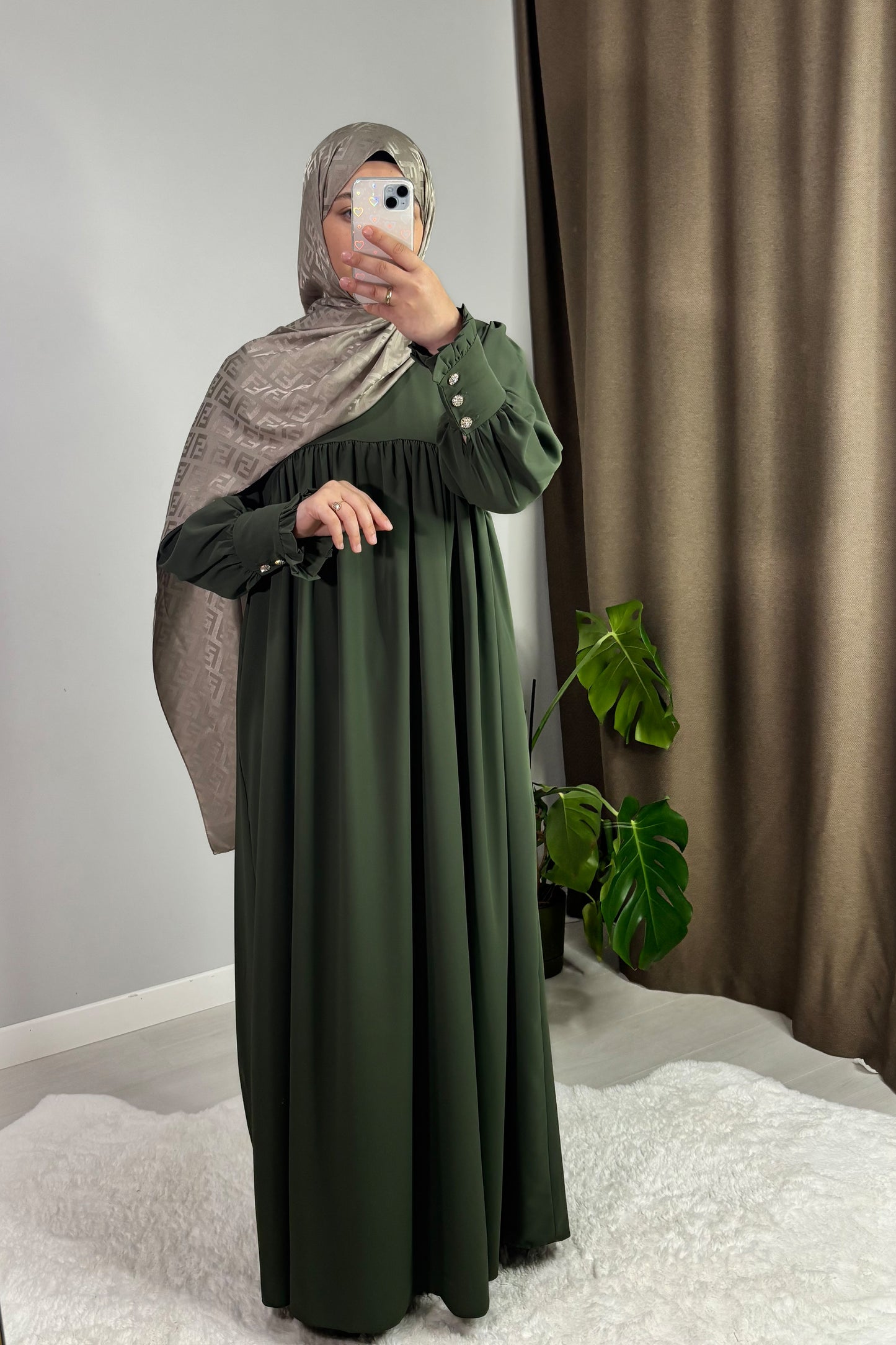 Mira Manşetli Haki Yeşil Tesettür Hijab Elbise