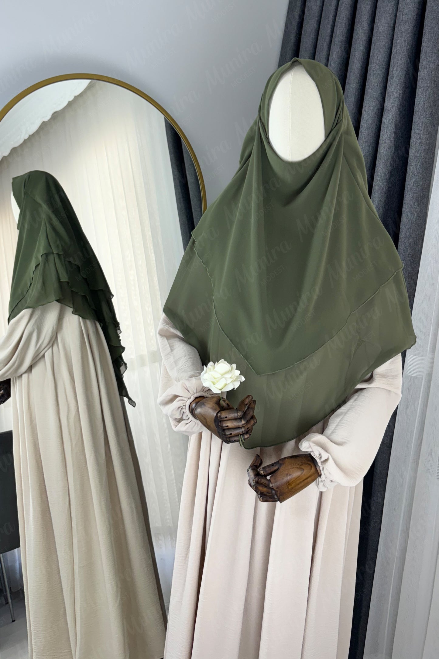 Krem Ayrobin Elbise Haki Yeşil Sufle Tesettür Hijab Takımı