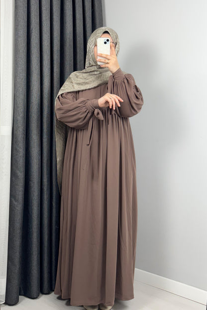 Alya Kol Bağlamalı Koyu Vizon Tesettür Hijab Elbise