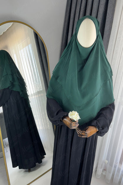 Siyah Ayrobin Elbise Zümrüt Yeşil Sufle Tesettür Hijab Takımı