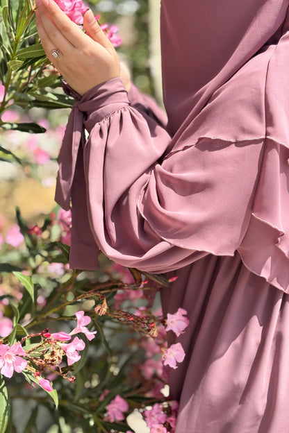 Alya Kol Bağlamalı Gül Kurusu Elbise Gül Kurusu Sufle Tesettür Hijab Takımı