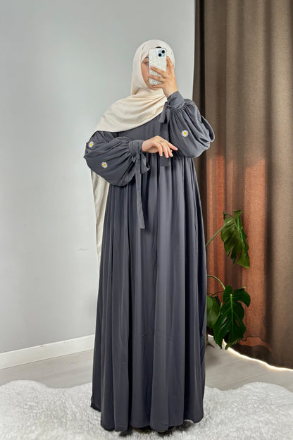 Asel Papatya Nakışlı Füme Tesettür Hijab Elbise