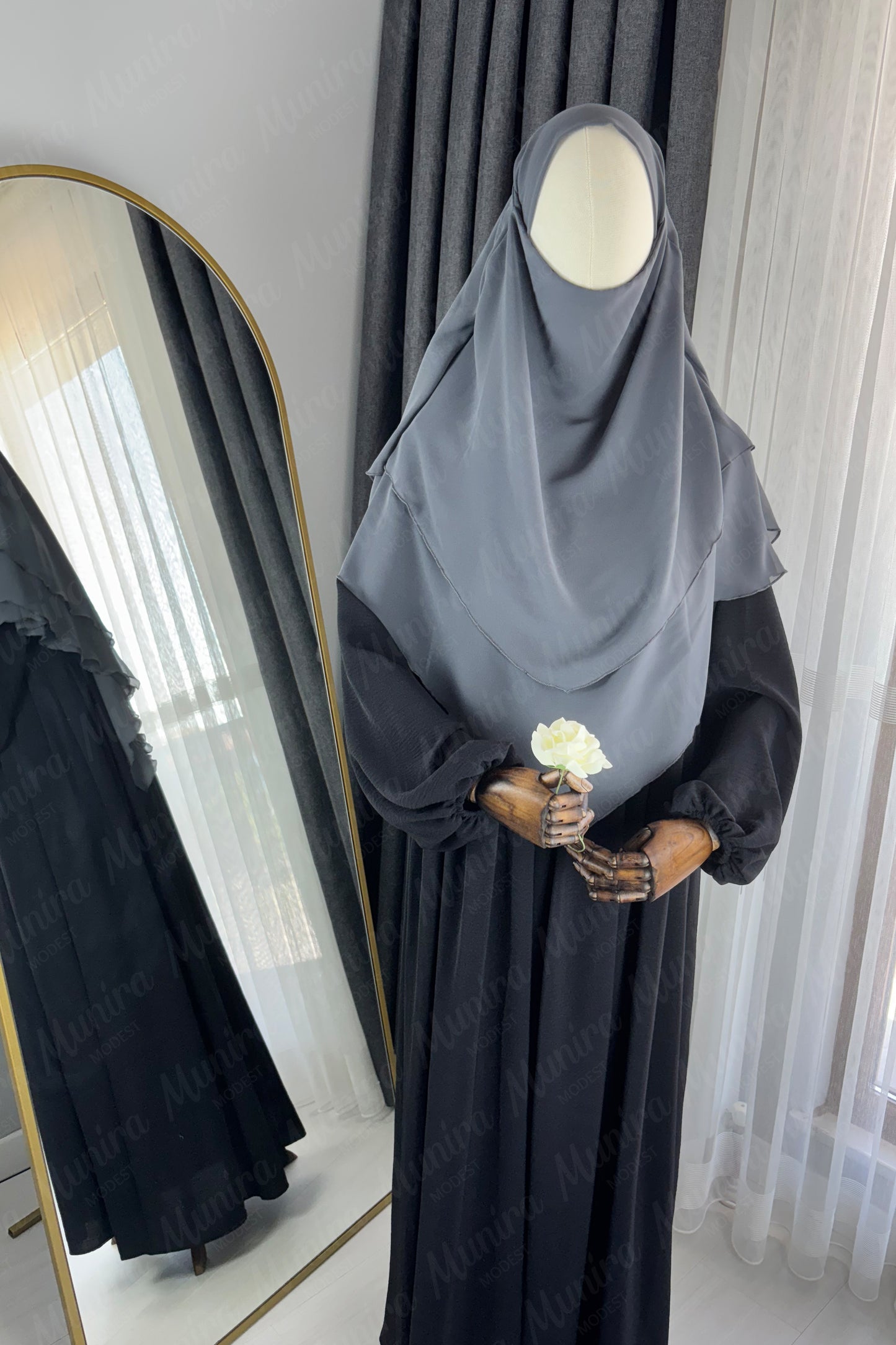 Siyah Ayrobin Elbise Füme Sufle Tesettür Hijab Takımı