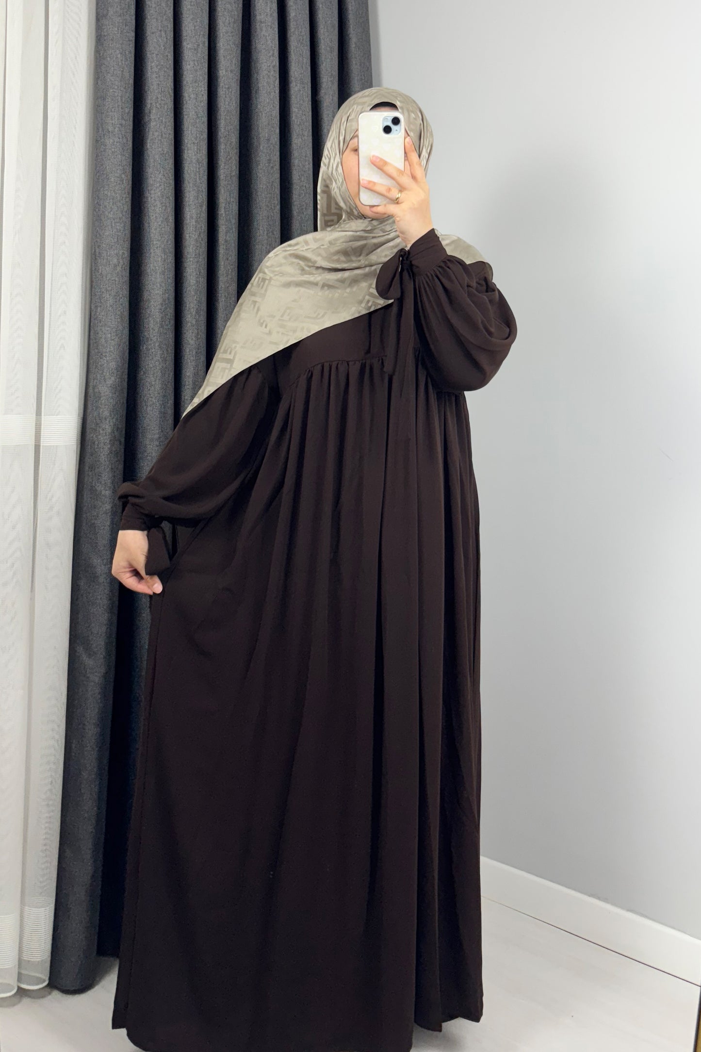 Alya Kol Bağlamalı Acı Kahve Tesettür Hijab Elbise