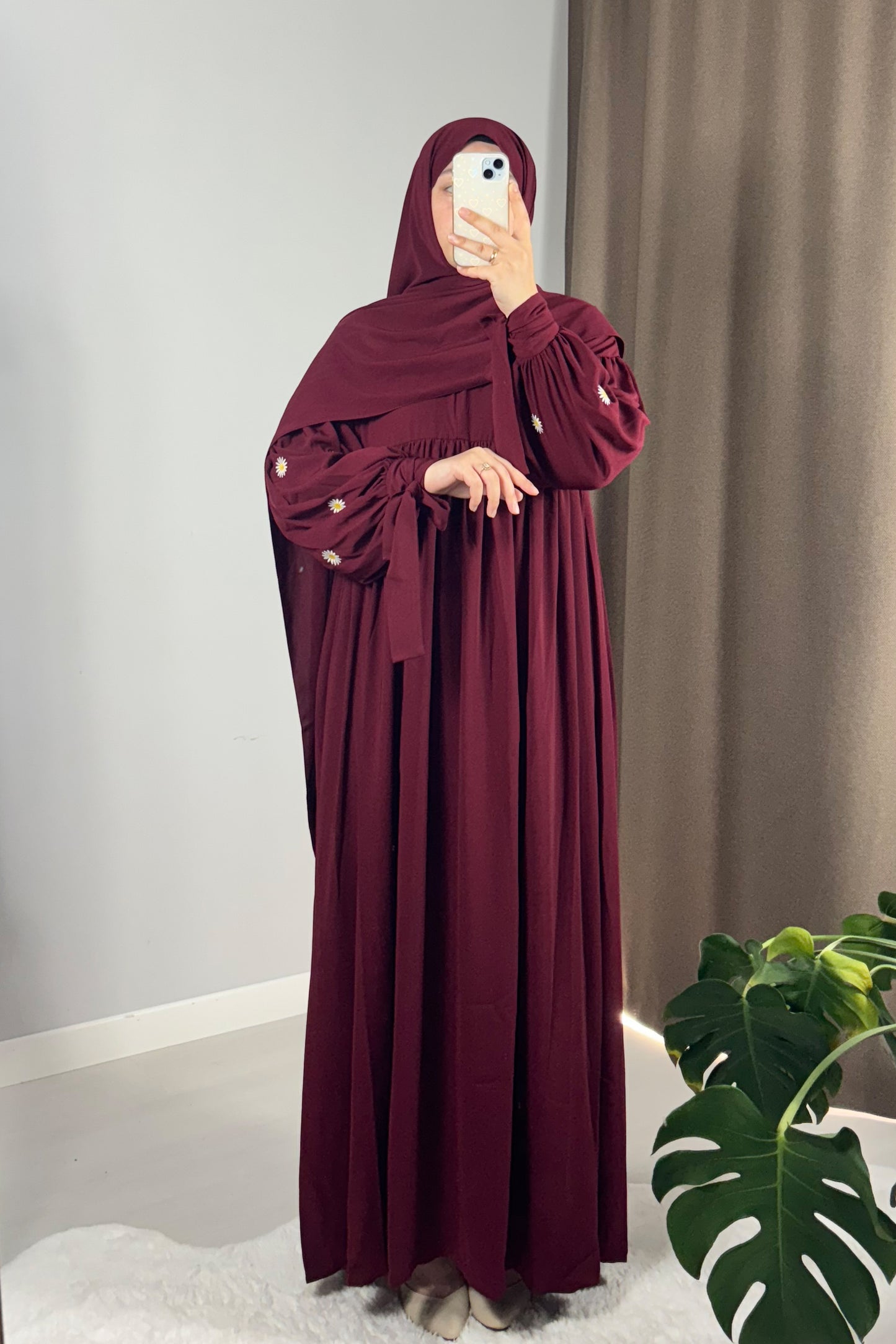 Asel Papatya Nakışlı Bordo Tesettür Hijab Elbise