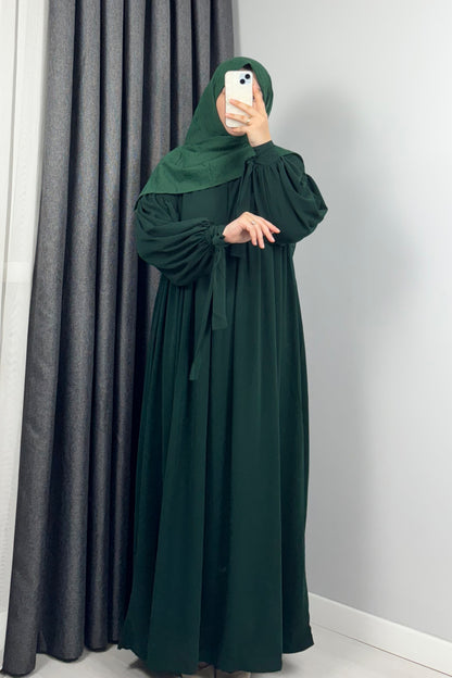 Alya Kol Bağlamalı Zümrüt Yeşil Tesettür Hijab Elbise