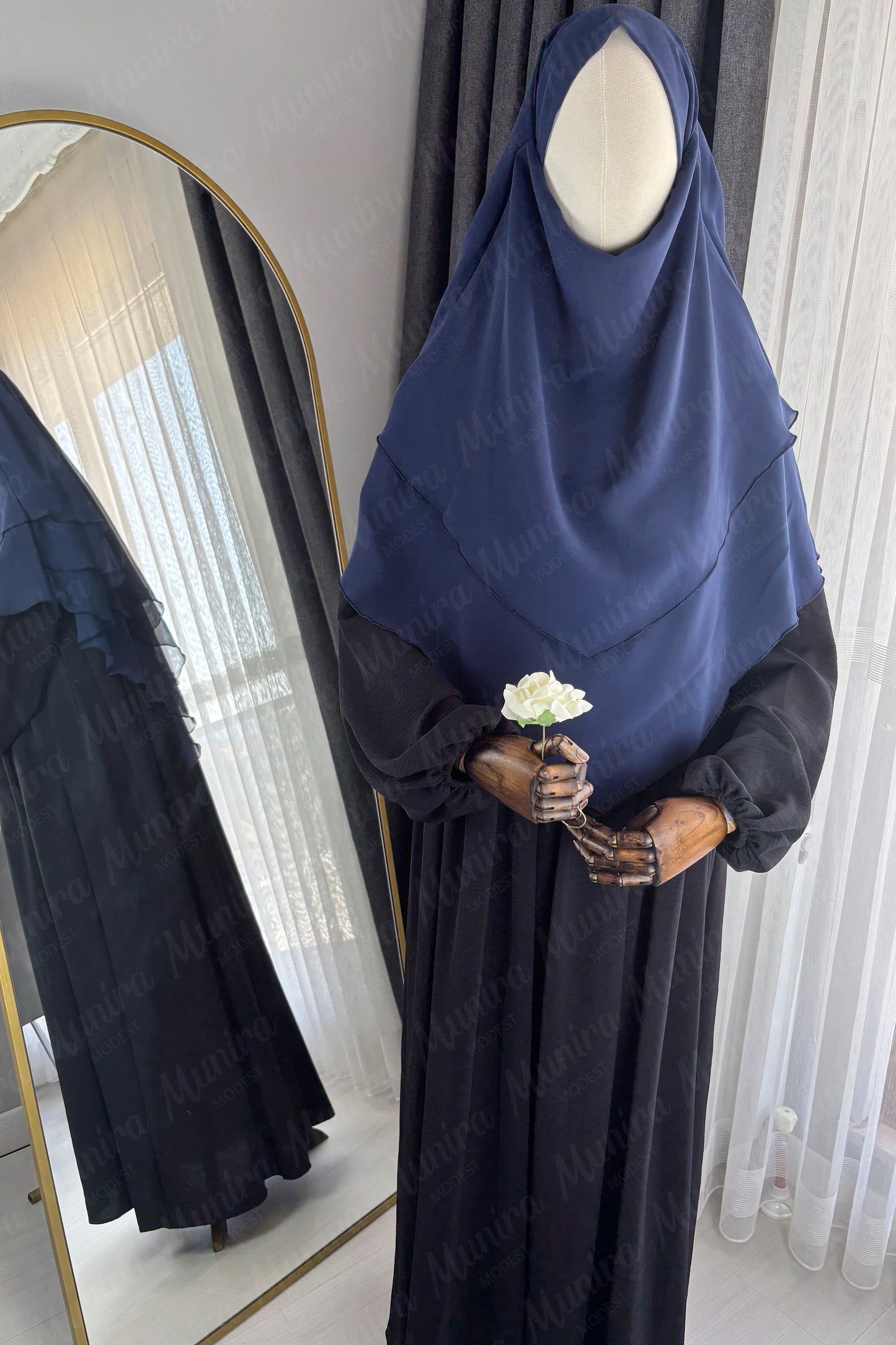 Siyah Ayrobin Elbise Lacivert Sufle Tesettür Hijab Takımı