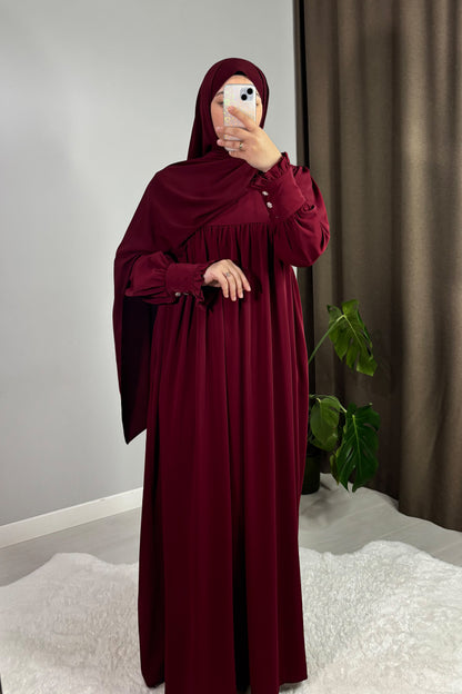 Mira Manşetli Bordo Tesettür Hijab Elbise