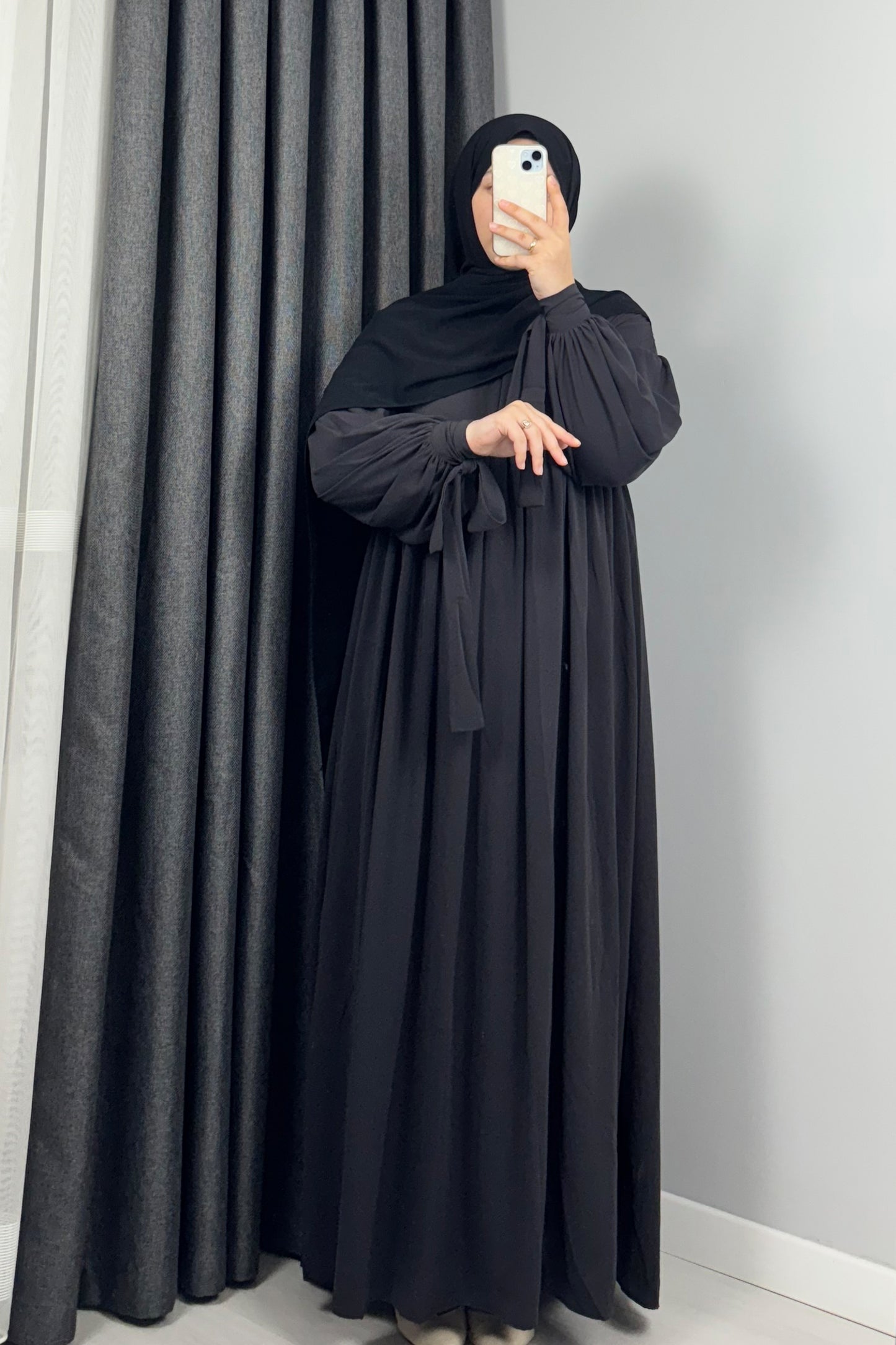 Alya Kol Bağlamalı Füme Tesettür Hijab Elbise