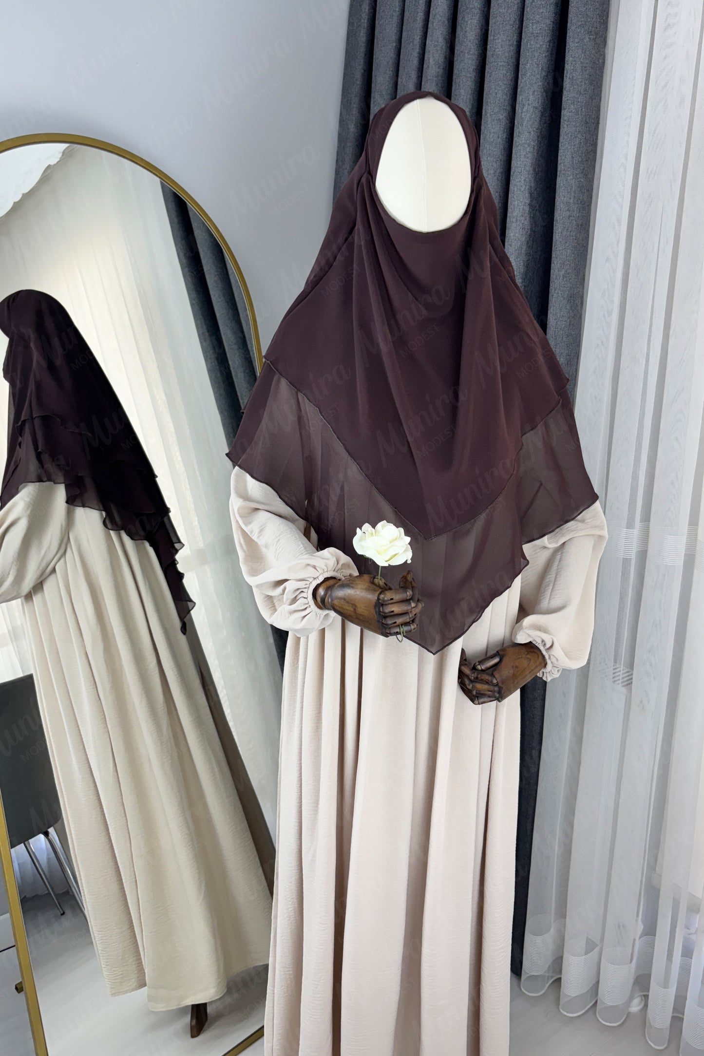 Krem Ayrobin Elbise Acı Kahve Sufle Tesettür Hijab Takımı