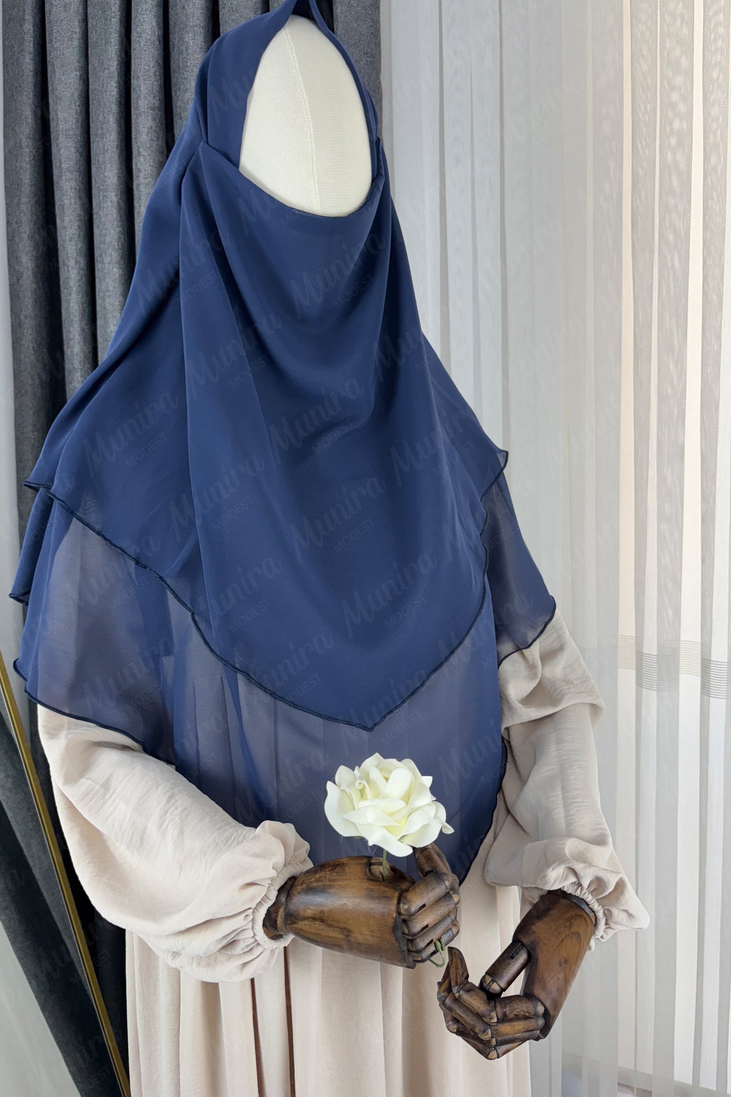 Krem Ayrobin Elbise Lacivert Sufle Tesettür Hijab Takımı