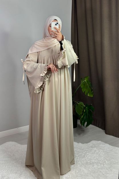 Neva Fırfırlı Krem Tesettür Hijab Elbise